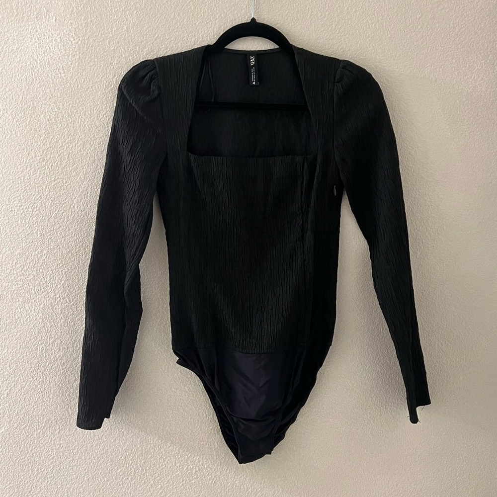 ZARA Black Textured Square Neck Bodysuit